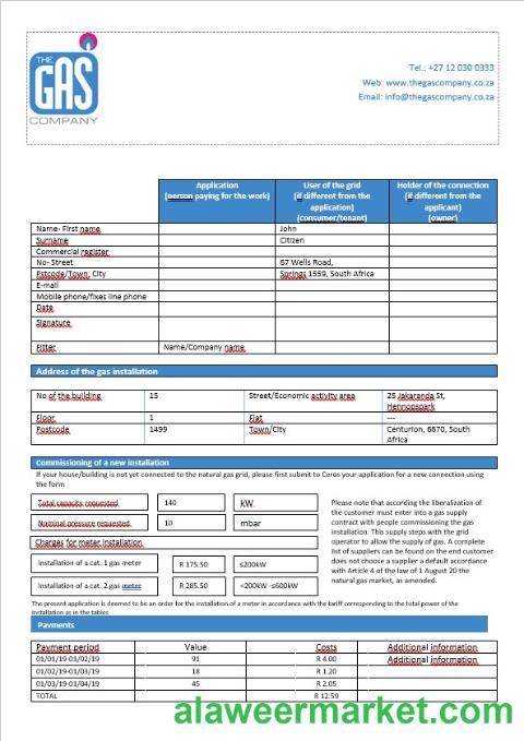South Africa The GAS Company gas bill in Word format